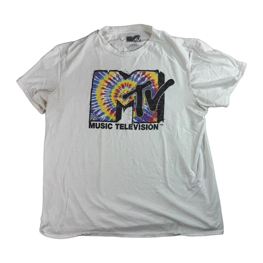 MTV Music Television Tie Dye Logo White T-Shirt Size Large 100% Cotton Mens